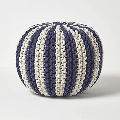 Image of HOMESCAPES Off White and Navy Knitted Pouffe 100% Cotton Round Bean Filled Striped Footstool 40 x 35 cm