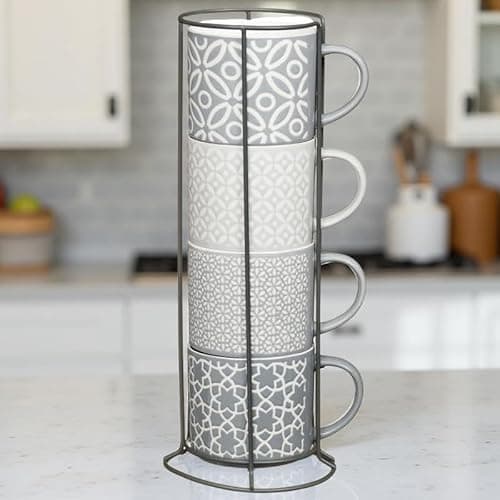 Image of Dylex Jumbo Embossed Stacking Mugs, 470ml Ceramic Cups with Metal Stand, Set of 4, Grey and White, Geometric Pattern