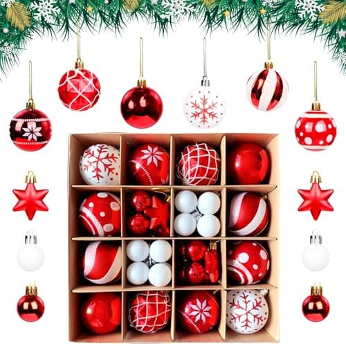 Image of KEYIDO Christmas Balls Ornaments Red and White Xmas Tree Decorations,42pcs Shatterproof Plastic Hanging Xmas Baubles for Festive Winter Holiday Party Home Decor