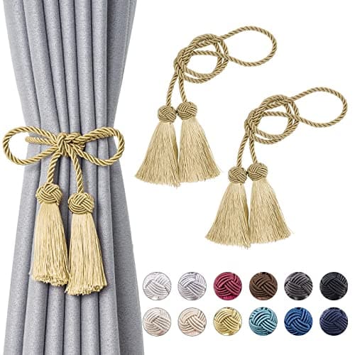 Image of Pretty Jolly 2 Pack Double-ended Tassel Curtain Tiebacks Handmade Braided Rope Knot Drape Tie Backs European Style Decorative Curtain Holdbacks for Home & Office Window Drapery (Gold)