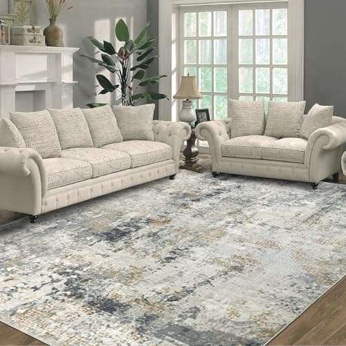 Image of Capslpad 160x230cm Large Modern Abstract Rugs Living Room Non-slip Area Rug Short Pile Faux Wool Bedroom Carpet Lightweight Washable Minimalist Floor Mat for Living Room Bedroom Office Decor,Grey Gold