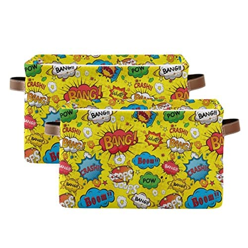 Image of ALAZA Fabric Storage Boxes with Leather Handle, Set of 2, Funny Speech Bubbles Illustration Waterproof Collapsible Canvas Organiser Cubes Bins for Toys Clothes Shelves Closet Household Organizer