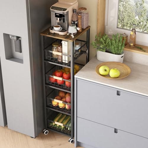 Image of COVAODQ 5-Tier Kitchen Storage Trolley, Pull-Out Fruit Basket Stand, Vegetable Storage Rack On Wheelsy, Kitchen tall trolley with Wheels, Chefs Trolle(40cm*30cm*107cm -black)