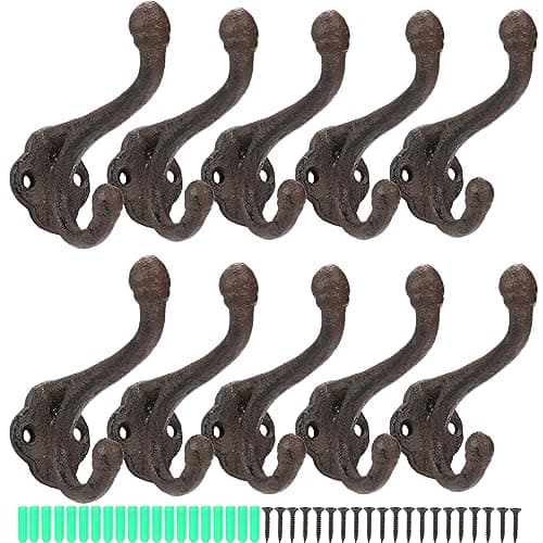 Image of Peohud 10 Pack Cast Iron Coat Hooks Vintage, Rustic Wall Mounted Hook, Farmhouse Coat Hangers, Heavy Duty Double Hooks, Decorative Hook for Hanging Coats, Bags, Caps, Hats, Towels, Keys