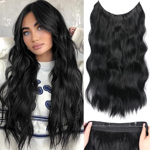 Image of Halos black Hair Extensions with Transparent Wire, Invisible Wire Hair Extensions with 5 Adjustable Sizes, 20 Inch Synthetic Long Wavy Hair Pieces for Women (Color: Black)