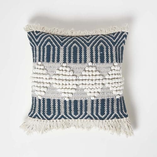 Image of HOMESCAPES Handwoven Textured Kilim Cushion Cream & Blue 100% Cotton & Wool Cushion with Fringe Traditional Authentic Design with Super Microfibre Cushion Insert 45 x 45 cm