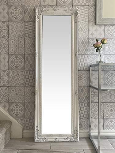 Image of DOWNTON INTERIORS UK Tall Ornate AntIque White Dressing Wall Mirror with Bevelled Glass - Overall Size: 142cm x 47cm.
