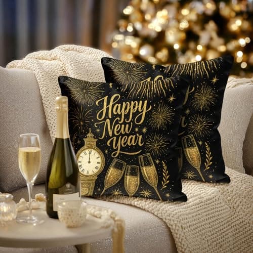 Image of HOMETITUTE Set of 2 Happy New Year Throw Pillow Covers 18x18 Inch Soft Decorative Gold Black Celebration Cushion Covers Rustic Farmhouse Holiday Winter Pillow Cases for Sofa Couch Bed Home Decor