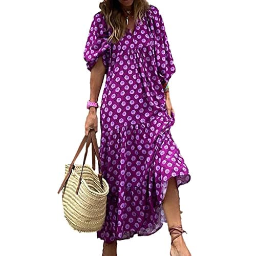 Image of Womens 3/4 Puff Sleeve Summer Boho Dress Front Tie Neck Vintage Floral Print Tiered Ruffle Hem Casual Loose Flowy Maxi Dress (Dark Purple, X-Large)