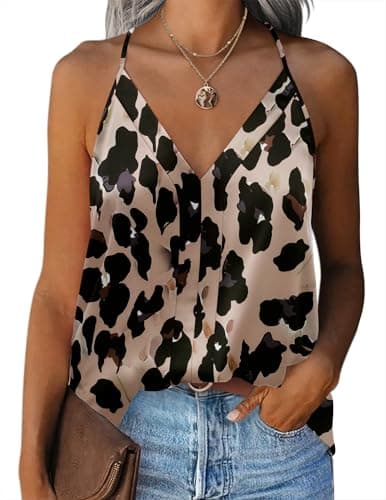 Image of Zeagoo Womens Silk Satin Tank Tops Elegant Sleeveless Blouses V Neck Cami Vest Plain Basic Tank Cami Shirt Loose Fit Blouse Summer top Leopard Print S