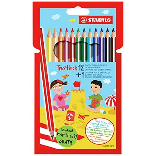 Image of Colouring Pencil - STABILO Trio thick Wallet of 12 Assorted Colours + 1 Graphite Pencil FOC