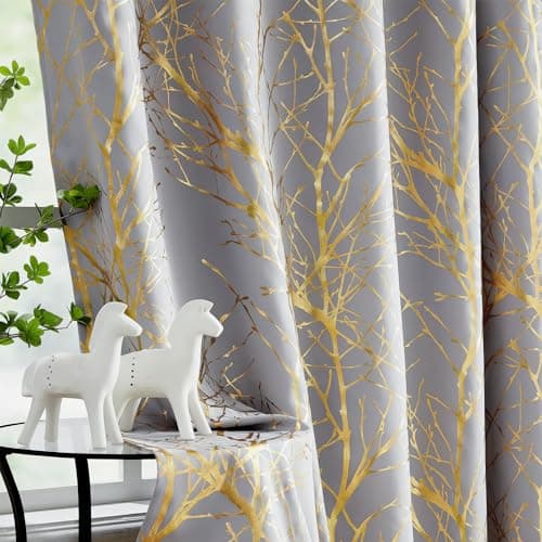 Image of Fmfunctex Blackout Thermal Curtains for Bedroom 72 Inch Drop Grey Gold Eyelet Curtains for Living Room Branch Foil Print Room Darkening Energy Saving Window Curtain Drapes 2 Panels