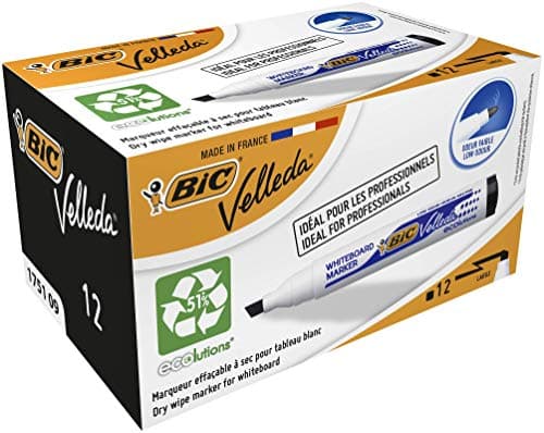 Image of BIC Velleda 1751 ECOlutions Whiteboard Pens, Black, Box of 12 - Low-Odor Erasable Pens for Office or School