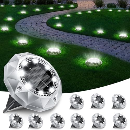 Image of FIFlying 10 Pack Solar Lights Outdoor Garden, IP65 Waterproof Diamond LED Garden Lights - Auto On/Off Pathway Lighting for Driveway,Patio,Lawn & Landscape Decor | 8 Bright LEDs | Cool White