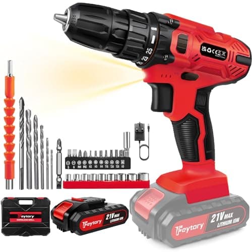Image of Huini 21V Cordless Drill,Electric Drill Set,45Nm Cordless Combi Drill with 25+1 Torque Setting,Large LI-ion Battery,29PCS Accessories,2 Variable Speed, LED Work Light,Home and Garden DIY Project Kit