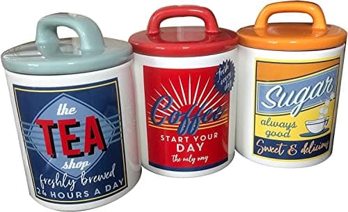 Image of DEENZ Retro Multi Colour Unique Classic 50's/60's Style 3-Pieces Ceramic Canisters Sets for the Kitchen Counter, Jars Food Storage for Tea Sugar Coffee Set