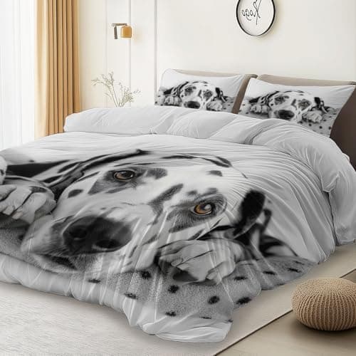 Image of King Size Duvet Cover Sets Animal Print Cute Dalmatian Printed Luxury Bedding Set 100% Polyester Breathable Soft Stylish Comforter Reversible Bedding with Pillowcases, White 230 × 220 cm
