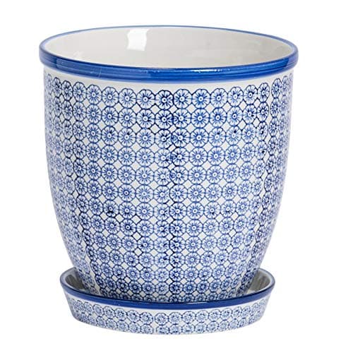 Image of Nicola Spring Patterned Plant Pot with Saucer - Navy - 22cm Porcelain Indoor Ceramic Planter with Drainage Holes Outdoor Garden Flower Pots for House & Garden Flowers