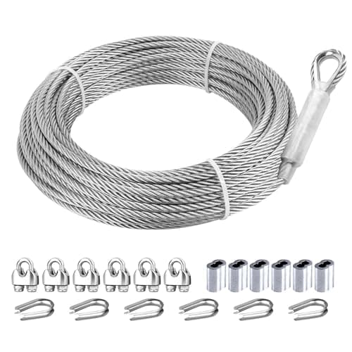 Image of 5mm Stainless Steel Wire Rope, 7.6M Heavy Duty Steel Cable Kit with Loops, Clips & Thimble Steel Wire Cable for Zipline, Deck Railing, Boat Lifts
