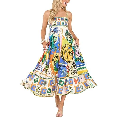 Image of Women Spaghetti Strap Boho Long Dress Sleeveless Beach Swing Sundress Backless Strappy Flowy A-Line Tank Dress for Cocktail Streetwear (Yellow, S)