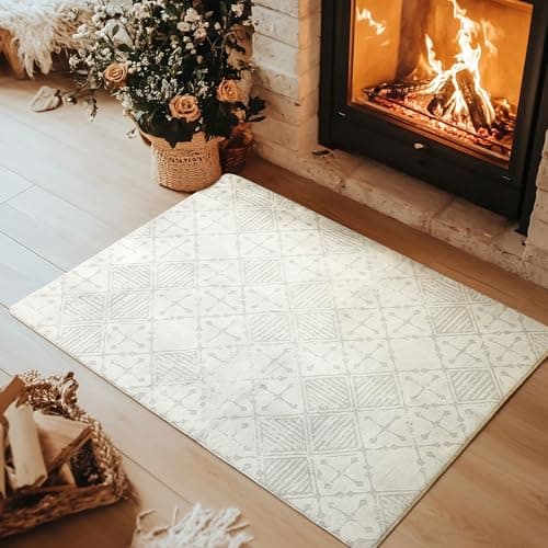Image of Leesentec Rugs Living Room Bedroom Rug Modern Short Pile Rugs Bohemian Carpet Abstract Geometric Straight Line Pattern Carpets Non-slip Large Rug (Cream/Grey White, 80 x 120 cm)