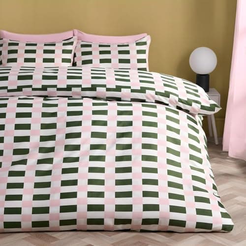 Image of OHS Double Duvet Set, Gifts for Women Super Soft Cosy Warm Microfibre Polyester Checkerboard Piped Edge Double Bedding Luxurious Comfy Quilt Cover Set with Pillowcases, Green/Pink
