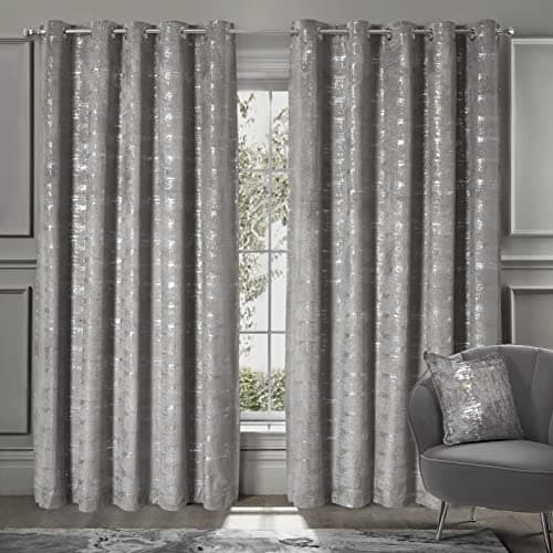 Image of Intimates Luxury Velvet Thermal Metallic Sparkly Shimmer Finish Eyelet Ring Top Curtain Panel Pair Fully Lined (Silver, 66" Width x 72" Drop)