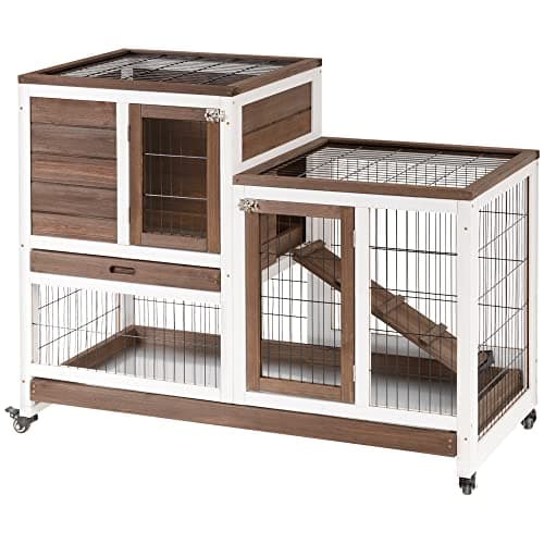 Image of PawHut Wooden Indoor Rabbit Hutch Guinea Pig House Bunny Small Animal Cage W/Wheels Enclosed Run 110 x 50 x 88 cm, Brown
