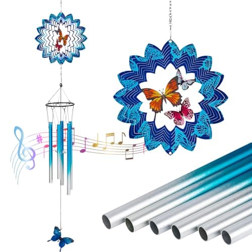 Image of TUOKING Butterfly Wind Chimes for Outside 3D Stainless Steel Wind Spinner Hanging 6 Aluminum Tube Outdoor Clearance Garden Decor Memorial Gift for Women