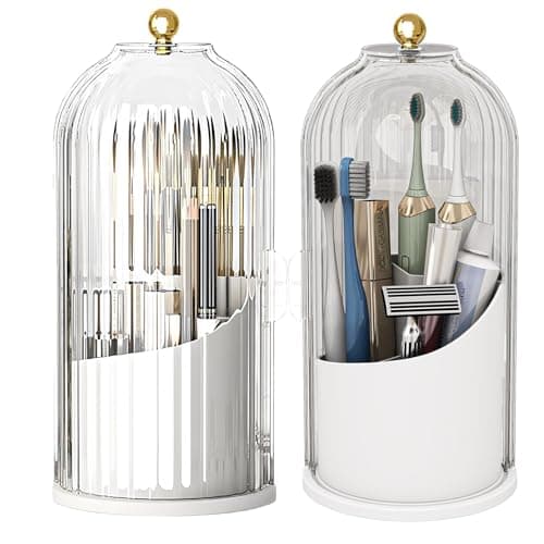 Image of Winuoyang Makeup Brush Holder Organiser with Lid, 360° Rotating Brushes Container Acrylic Cosmetic Storage Box for Vanity Bedroom Bathroom Dressing Table (White)