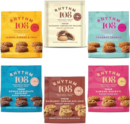 Image of Rhythm 108 Organic Vegan Gluten & Dairy Free Tea Biscuits Share Bag Mixed Case of 6 x 135g