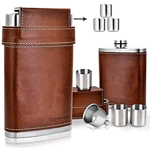 Image of GENNISSY 8oz Hip Flask with Funnel - Stainless Steel with Leather Wrapped Cover and 100% Leak Proof