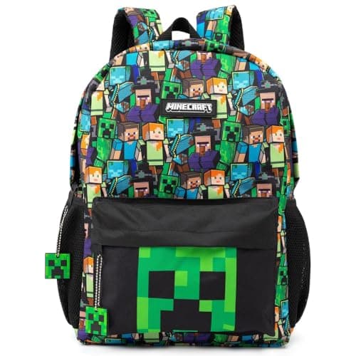 Image of Minecraft Unisex Kids Backpack Set | Rucksack Options Creeper TNT Zombie Skeleton Enderman Sprites Villains | Zip-Up & Hook Closure | Gamer Back to School Essentials Merch