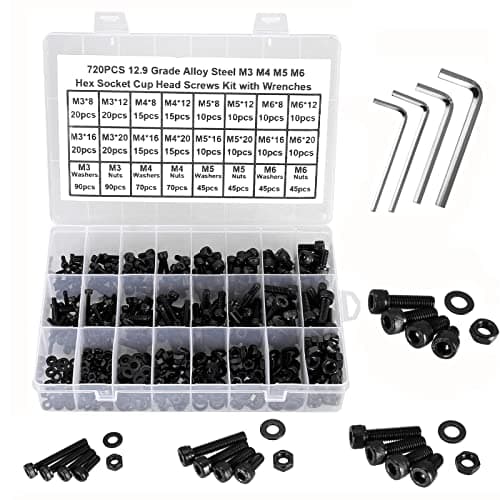 Image of FandWay 720Pcs Bolts and Nuts Set,M3 M4 M5 M6 Hex Socket Cap Head Machine Screws,DIN912 Allen Screws,Black Hex Bolts and Washers Set 12.9 Grade Alloy Steel Fully Threaded With 4 Allen Key.
