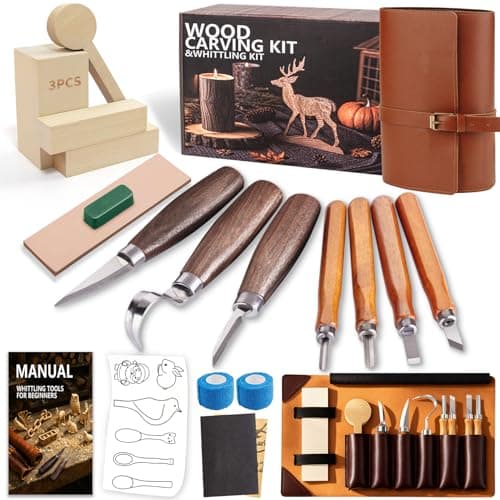 Image of Wood Carving Kit Woodworking Chisel: Bluvizo Professional Whittling Craft Set, Starter 20 Pcs Deluxe Hand Tool Kit with Luxury PU Leather Case, Gift for Beginners Adults Kids DIY Fun