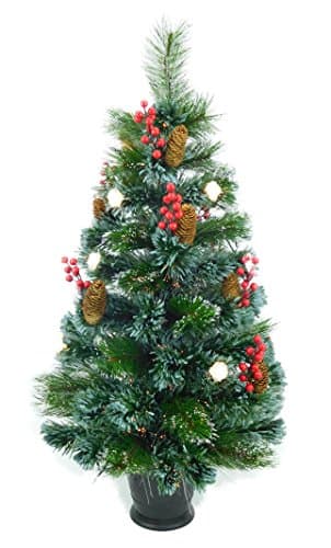 Image of Christmas Concepts® 3ft (90cm) Pre Lit Frosted Fibre Optic Christmas Tree With Natural Cones & Red Berries With Warm White LED Rose Lights