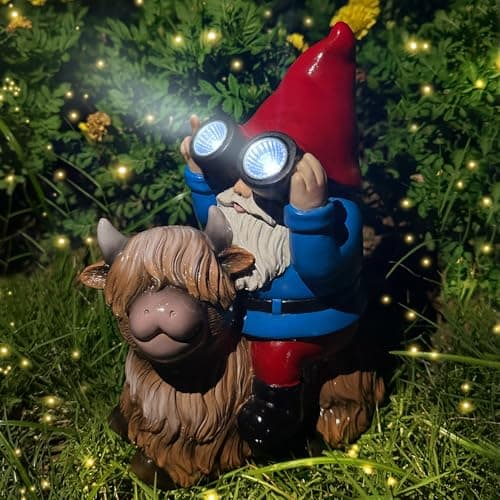 Image of Vovkokc Solar Cow Gnomes Statue Garden Ornaments Outdoor Decorations Gnome Sitting on Highland Cow Solar Lights Binoculars Gnome Gifts for Yard Decor