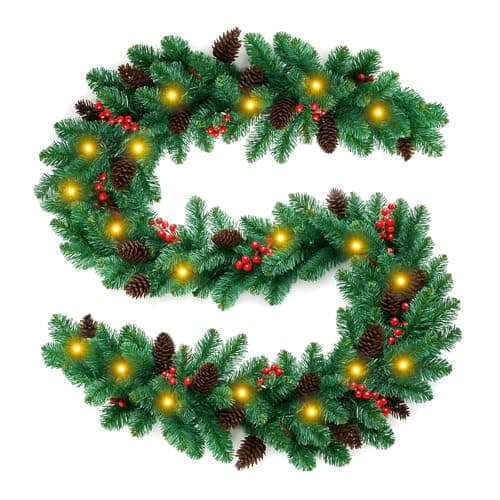 Image of GREENSAPPIRE Christmas Garland 2.7M/9FT Pre-lit Artificial Christmas Garland with LED Lights 27 Pine Cones 27 Red Berries Decorations for Indoor Outdoor Fireplace Stair Front Door Xmas (1PCS)