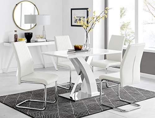 Image of Furniturebox UK Atlanta 4 Rectangle White High Gloss Chrome Metal Modern Stylish 4 Seater Dining Table and 4 Luxury Faux Leather Lorenzo Dining Chairs Set