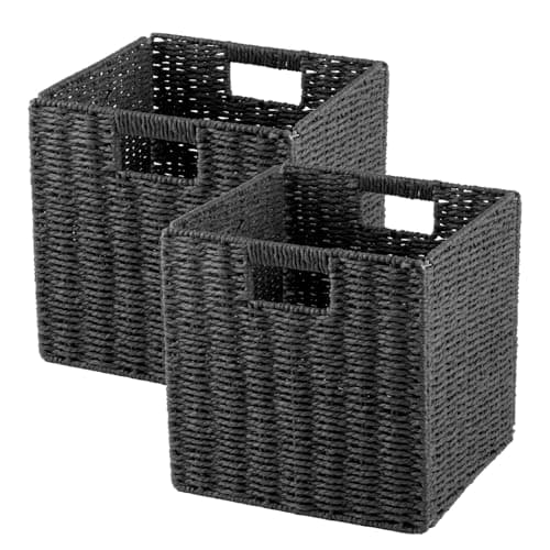 Image of Trintion 2x Faux Wicker Baskets Faux Wicker Organizer Bins with Handles for Shelves Foldable Storage Cubes Storage Baskets for Gifts For Organization & Decoration (Black, 25x25x25cm)