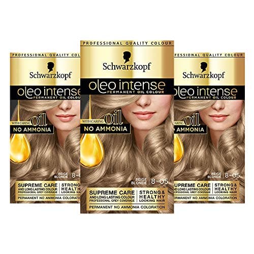 Image of Schwarzkopf Oleo Intense Blonde Hair Dye, 3-Pack Permanent Oil Colour, No Ammonia, Covers Greys, Beige Blonde 8-05