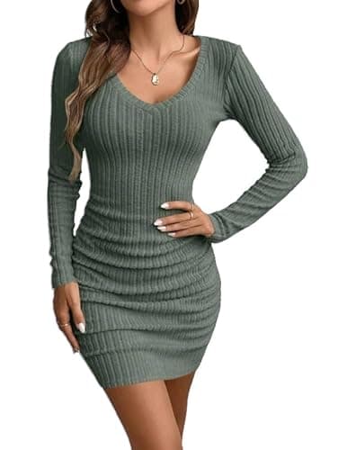 Image of Awinclo Womens Pullover Sweater Dress Casual Long Sleeve Cute Ribbed Knit V Neck Bodycon Mini Sweaters Dresses Green Medium