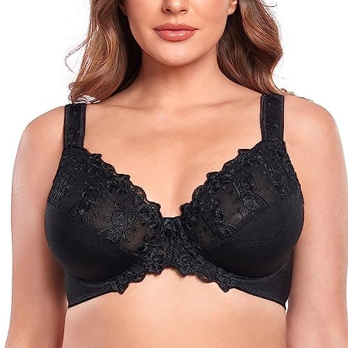 Image of Ayigedu Women's Full Coverage Minimiser Bra Floral Lace Non Padded Plus Size Underwired Bra 42E Black