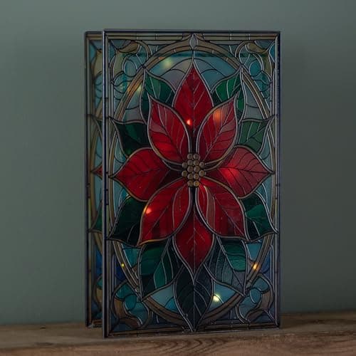 Image of Samuel ALEXANDER 21cm Battery Operated Light up Double Sided Stained Glass Poinsettia Decoration with LEDs