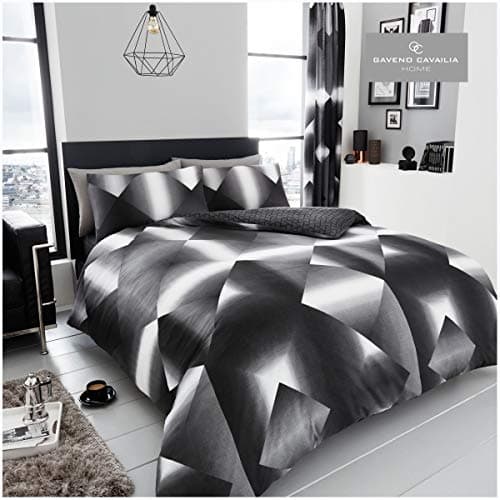 Image of Gaveno Cavailia Modern Geometric Pattern Duvet Cover Quilt Bed Set With Pillow Case, Reversible, Poly Cotton, 3D Triangle Black/Grey, King Size Bedding