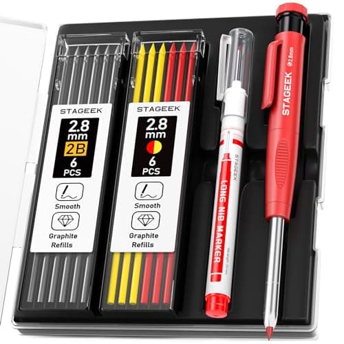 Image of STAGEEK Carpenter Pencil Set with Sharpener, Heavy Duty Woodworking Tools with 13 Refills (Red, Black, Yellow), Construction Pencil and Deep Hole Long Nib Marker Pen for Architect Marking with Case