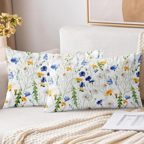 Image of XPHZZL Cushion Covers Set of 2 Pack 30 x 50 cm - Soft Double Sided Garden Floral Decorative Rectangle Cushion Covers for Sofa Bed Garden Outdoor Spring Decor with Invisible Zipper 12 x 20 Inch-White