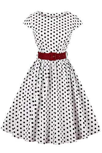 Image of AXOE Women 50s Dresses Rockabilly Vintage Inpired Belted Cotton White Background Black Polka Dots, UK Size 22, 4XL