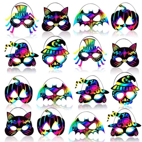Image of Johiux 90 Piece Halloween Scratch Masks Scratch Art Set for Kids Adults,halloween Class Craft for Kids Bulk Halloween Party Games,Magic Scratch Paper Favor Supplies Bats,Witches,Pumpkins,Cats,Spiders