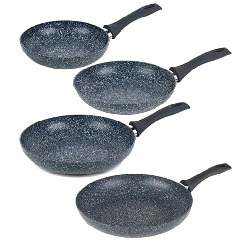 Image of Russell Hobbs COMBO-8165A Frying Pan 4-Piece Set, NightFall Stone Collection, Non-Stick Dual Layer, Pressed Aluminium, Induction Hob Suitable, Healthy Cooking with Less Oil, Blue Marble, 20/24/28/30cm